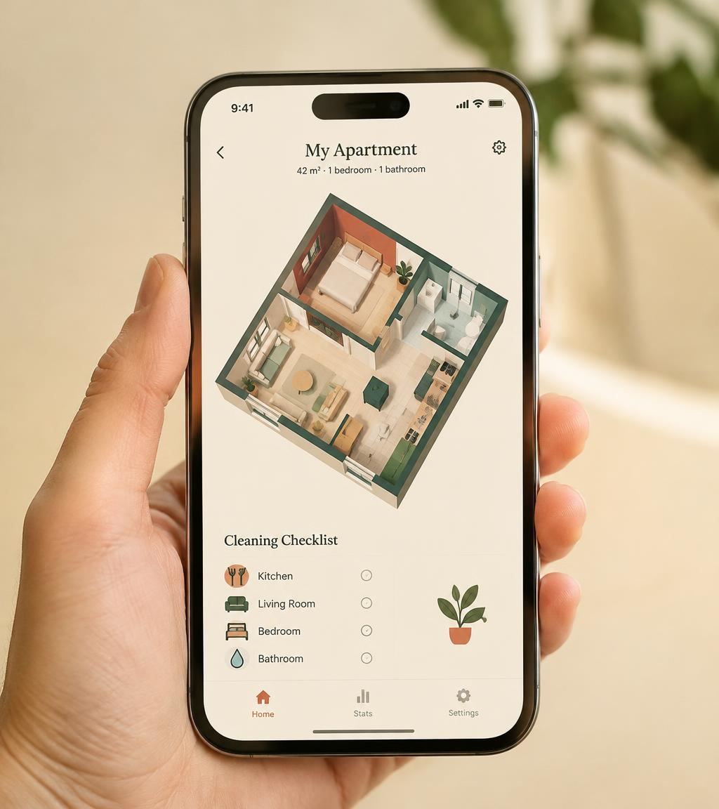 StaySketch app showing an apartment floor plan and cleaning checklist